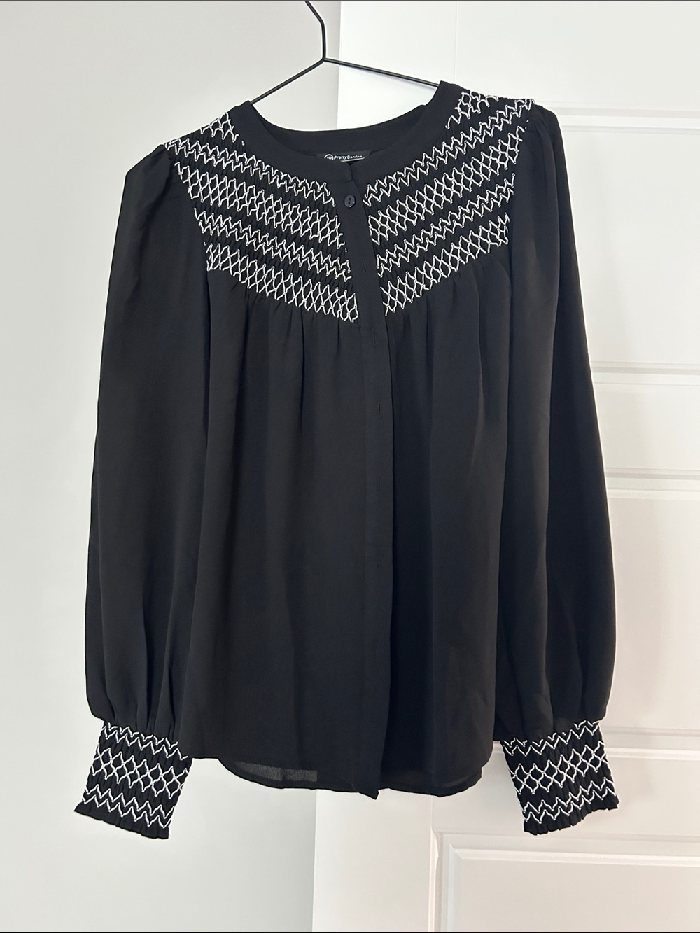 Black Embroidered Yoke and Cuff Blouse - Women Tops